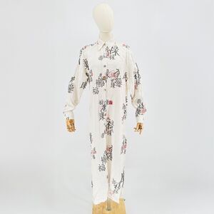 Vintage Y2K Tasha Polizzi Ivory Chinese Calligraphy Linen Button Shirt Dress